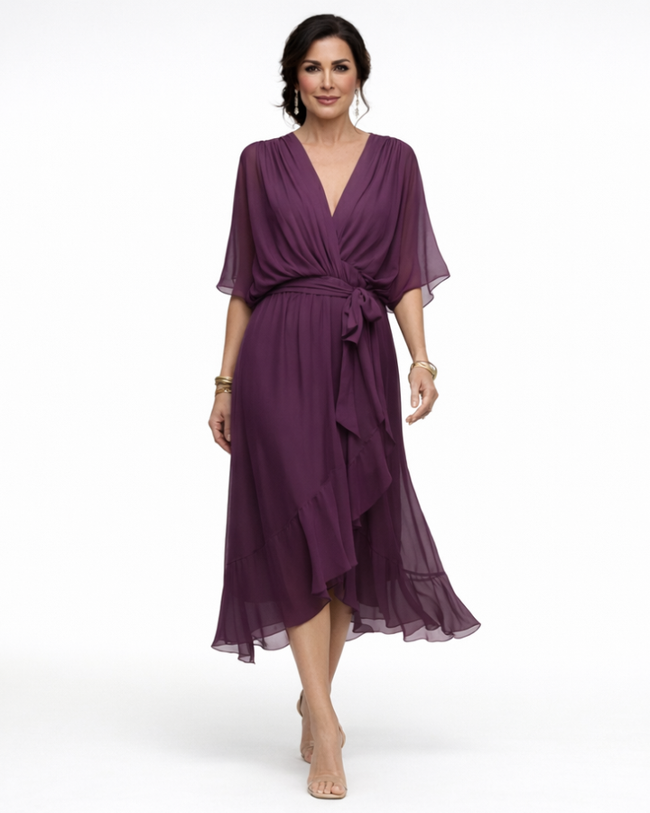 Stella Vestido Midi Elegante para Mujer – Vestido con Escote en V y Cintura Ajustable Fluido