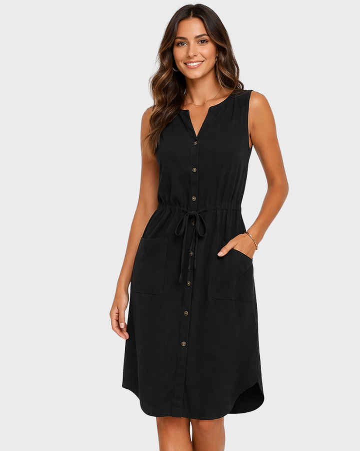 Vanessa Women's Summer Dress – V-Neck, Sleeveless & Adjustable Waist Elegant