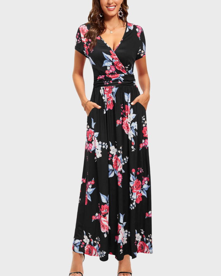Vestido Maxi Alessia para Mujer – Escote en V, Cruzado Floral y Bolsillos Elegantes Casual