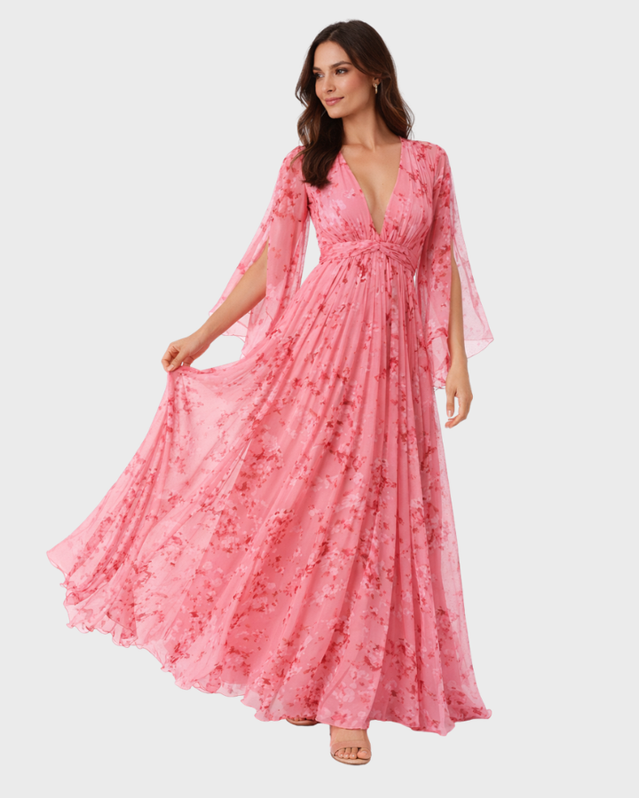 Nadya Vestido Maxi Floral para Mujer – Vestido Elegante con Mangas Largas y Cintura Alta