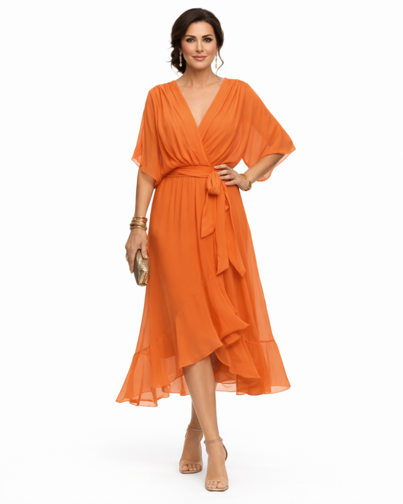Stella Vestido Midi Elegante para Mujer – Vestido con Escote en V y Cintura Ajustable Fluido