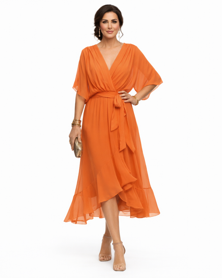 Stella Vestido Midi Elegante para Mujer – Vestido con Escote en V y Cintura Ajustable Fluido