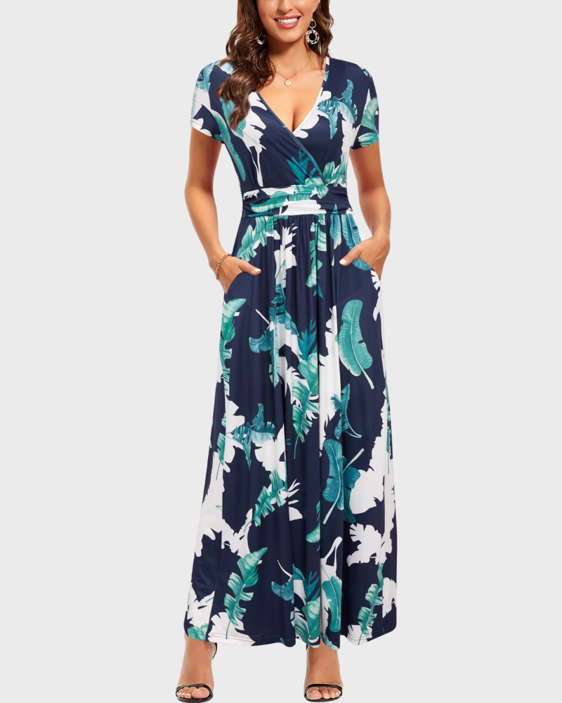 Vestido Maxi Alessia para Mujer – Escote en V, Cruzado Floral y Bolsillos Elegantes Casual