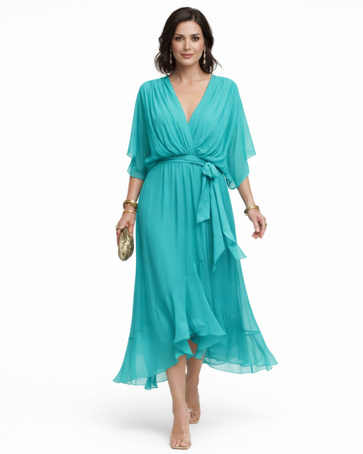 Stella Vestido Midi Elegante para Mujer – Vestido con Escote en V y Cintura Ajustable Fluido