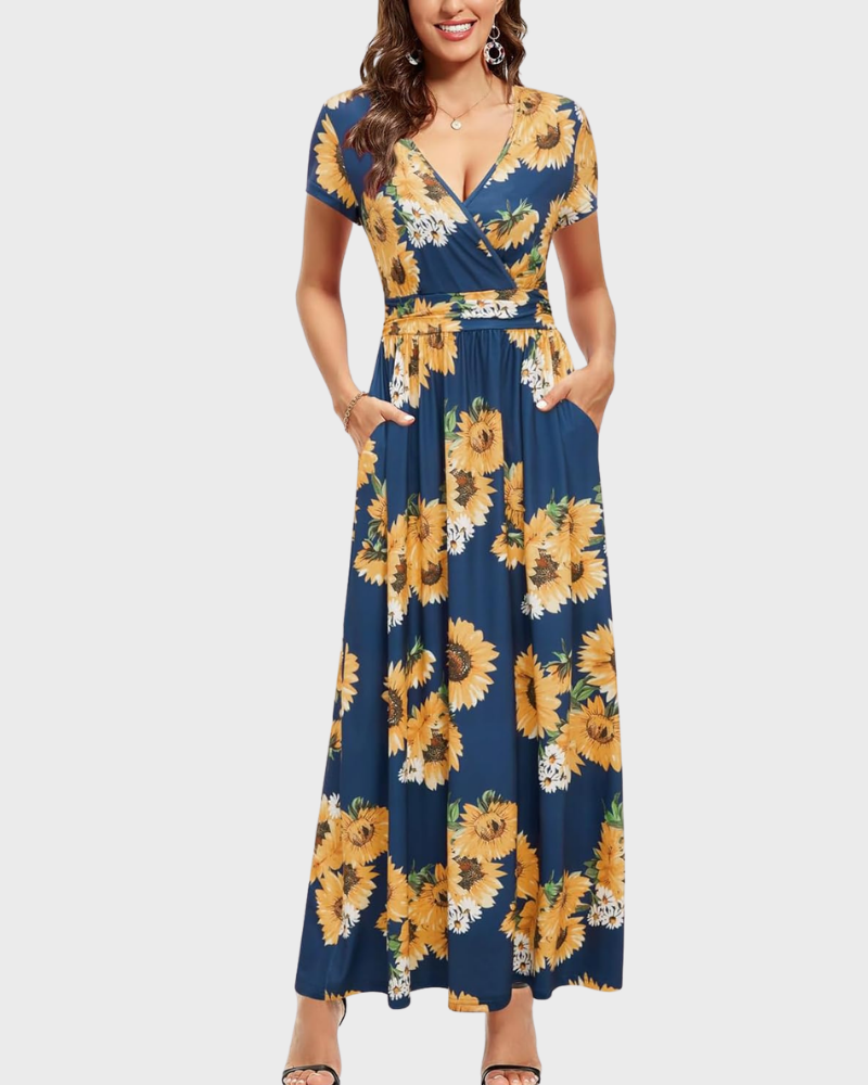 Vestido Maxi Alessia para Mujer – Escote en V, Cruzado Floral y Bolsillos Elegantes Casual