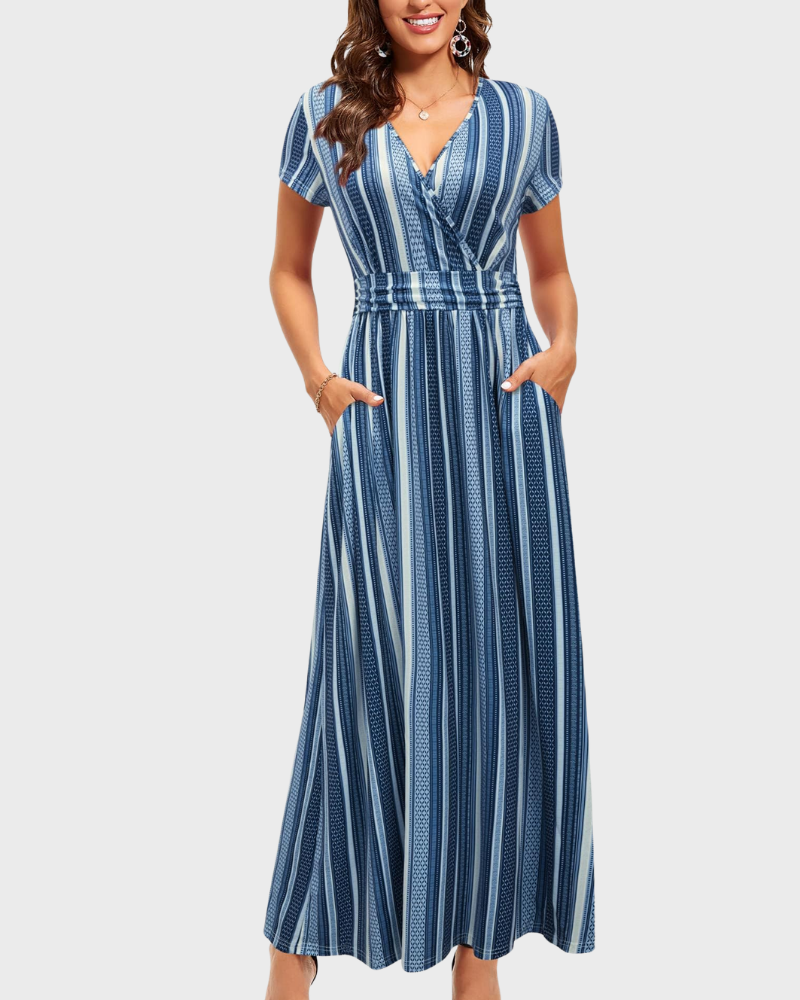 Vestido Maxi Alessia para Mujer – Escote en V, Cruzado Floral y Bolsillos Elegantes Casual