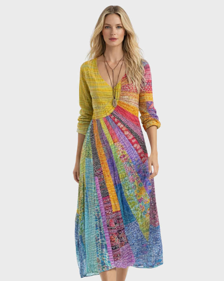Regina Women's Midi Dress – Boho Style, Cotton Linen & Elegant V-Neck