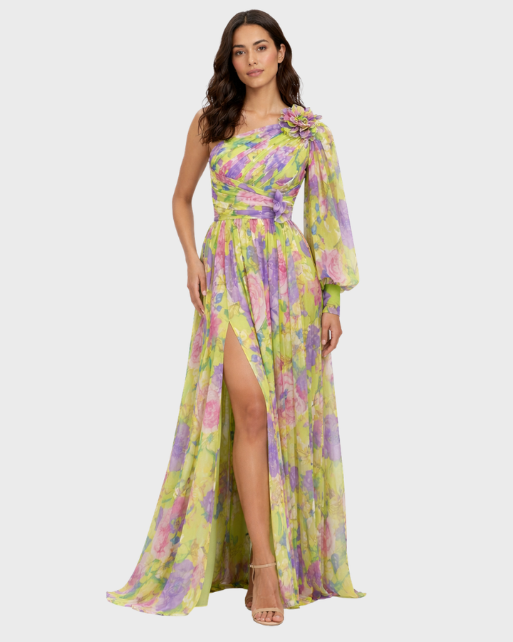 Audrey Vestido de Mujer con Un Solo Hombro Floral – Vestido Elegante Fluido de Verano Chic
