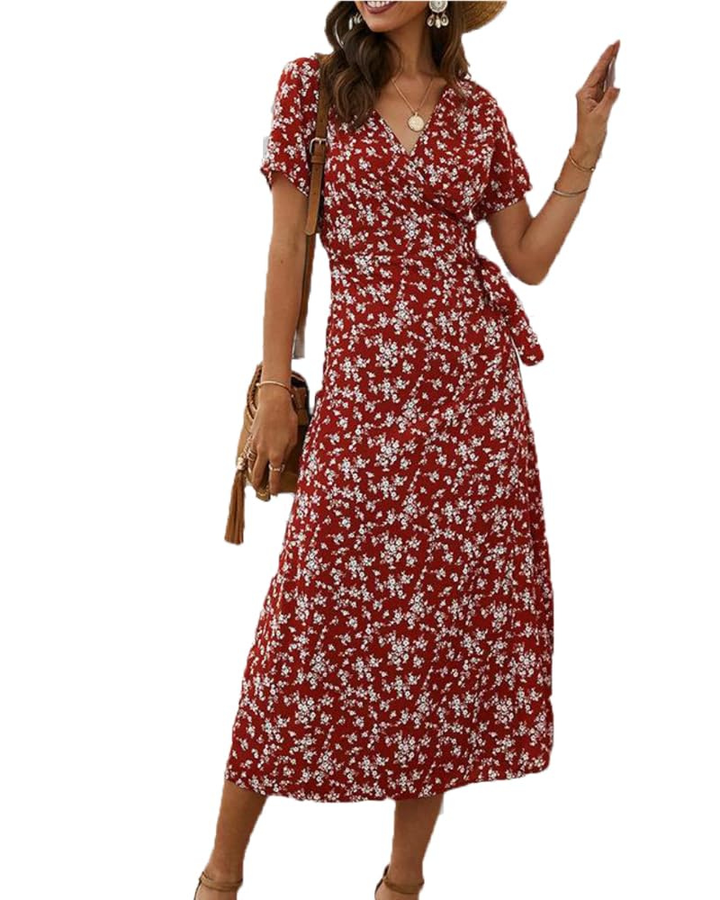 Giulia Vestido Midi Mujer – Escote en V, Cruzado Floral y Línea A Elegante de Verano