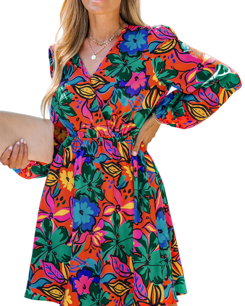 Rona Vestito Mini Damska – Kwiatowy szyfon, długie rękawy i elegancka linia A