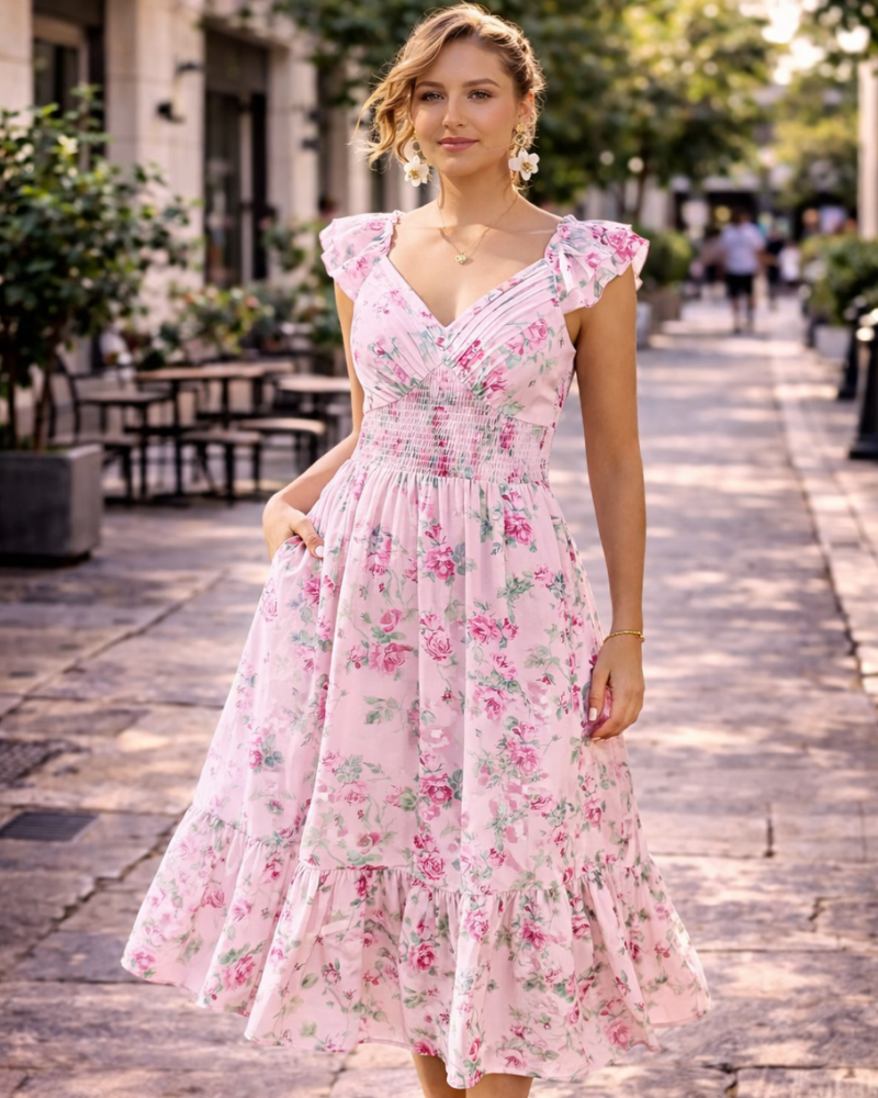 Chiara Vestido Maxi Mujer – Chifón Floral, Escote en V y Mangas Volante con Bolsillos