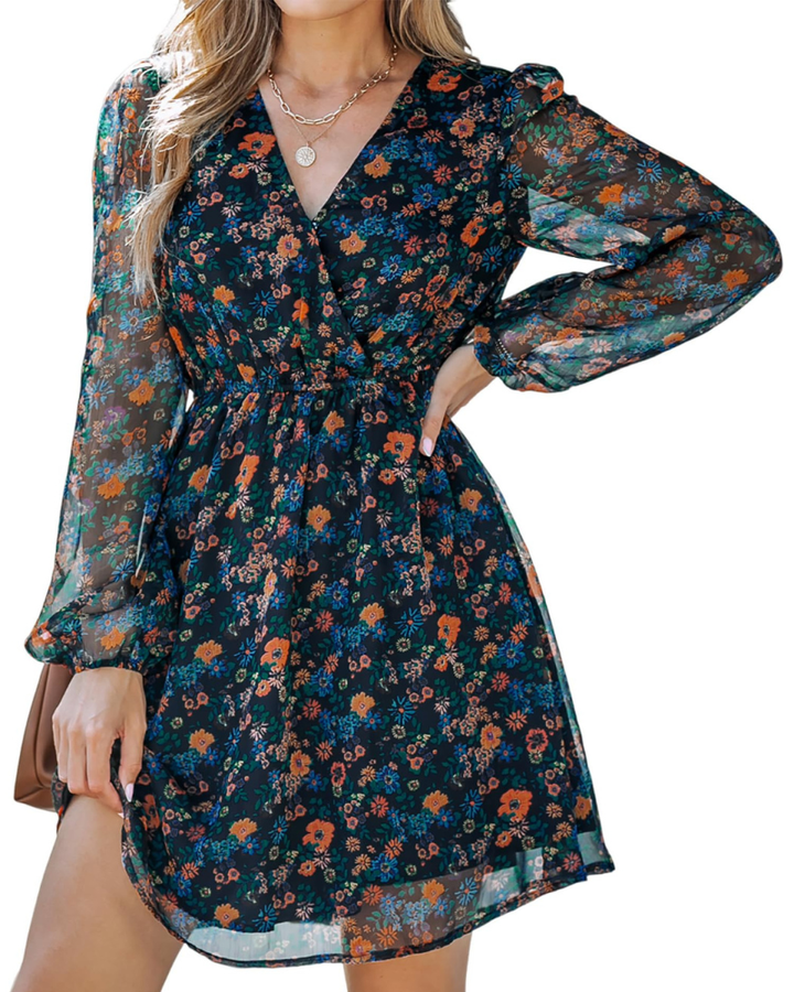 Rona Vestito Mini Damska – Kwiatowy szyfon, długie rękawy i elegancka linia A