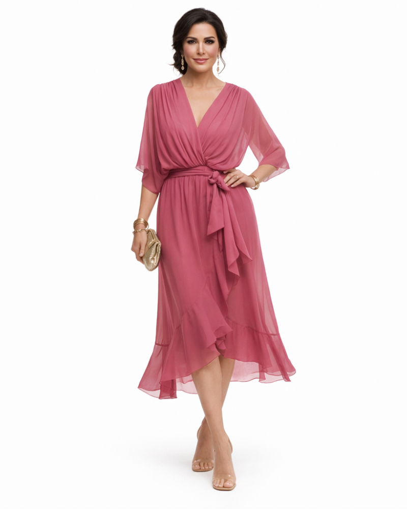 Stella Vestido Midi Elegante para Mujer – Vestido con Escote en V y Cintura Ajustable Fluido