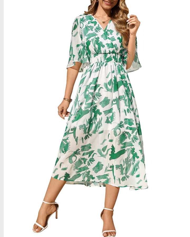 Aurora Rochie Maxi Damă – Boho Floral, Decolteu în V & Talie Elastică Elegantă