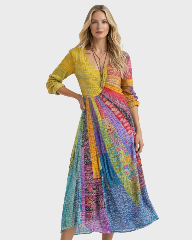 Regina Women's Midi Dress – Boho Style, Cotton Linen & Elegant V-Neck