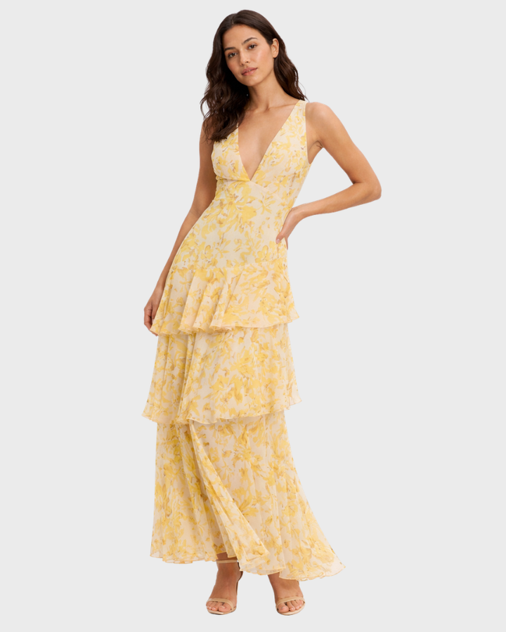 Bella Damenlangkleid Elegant – Fließendes Kleid mit V-Ausschnitt und Stufensaum