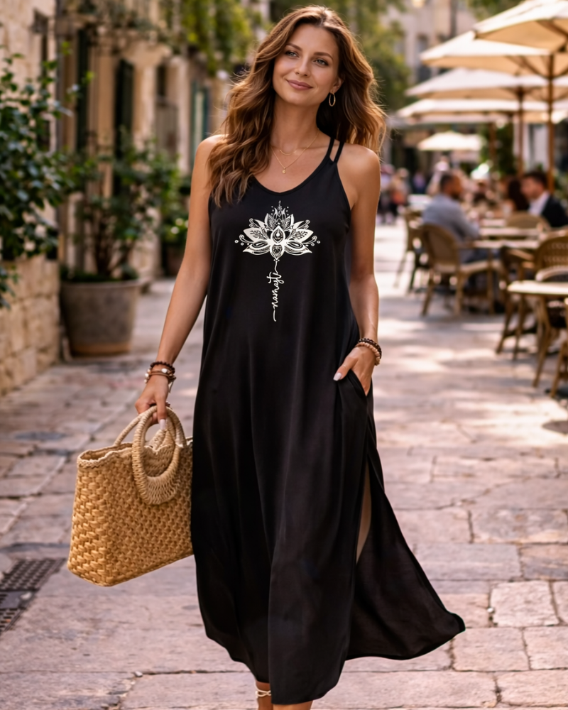 Elena Maxi Φόρεμα Γυναικείο – Λεπτές Τιράντες, V Λαιμόκοψη & Oversize με Καλοκαιρινή Ανοίγμα