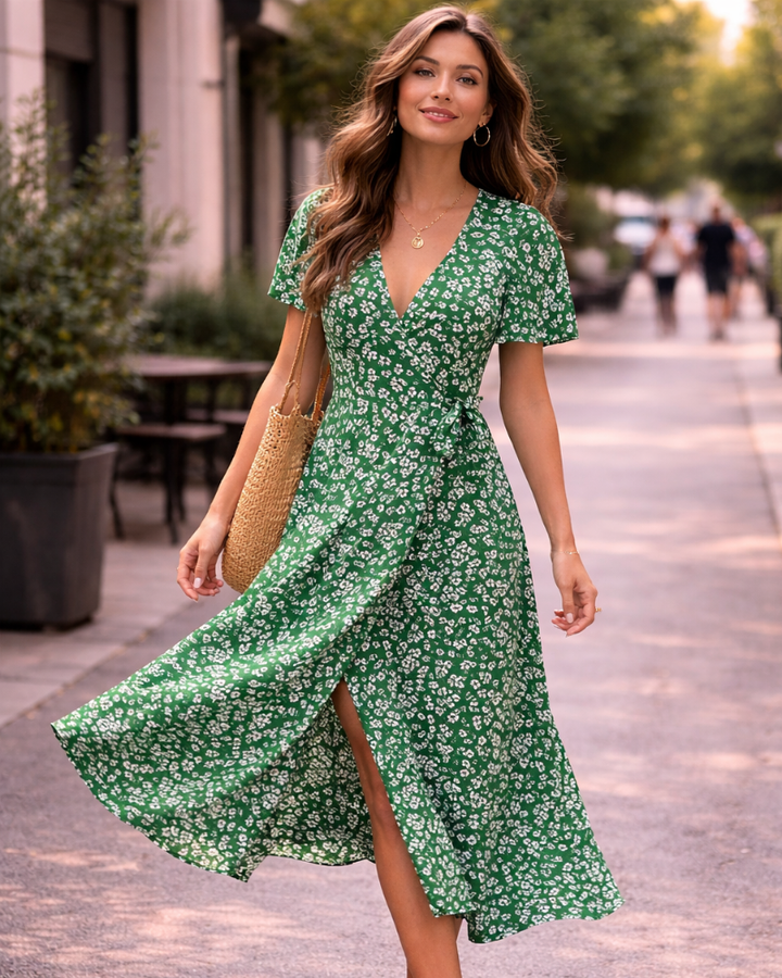 Giulia Vestido Midi Mujer – Escote en V, Cruzado Floral y Línea A Elegante de Verano