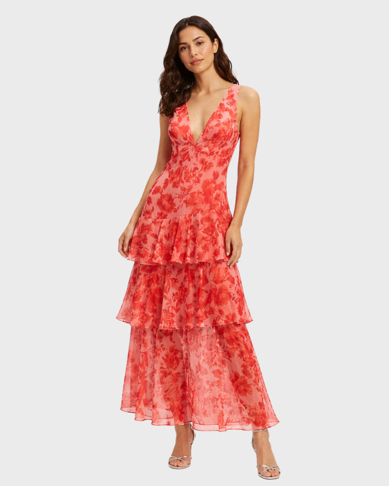 Bella Damenlangkleid Elegant – Fließendes Kleid mit V-Ausschnitt und Stufensaum