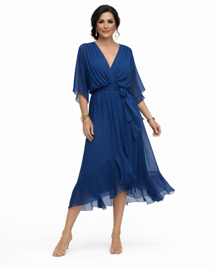 Stella Vestido Midi Elegante para Mujer – Vestido con Escote en V y Cintura Ajustable Fluido