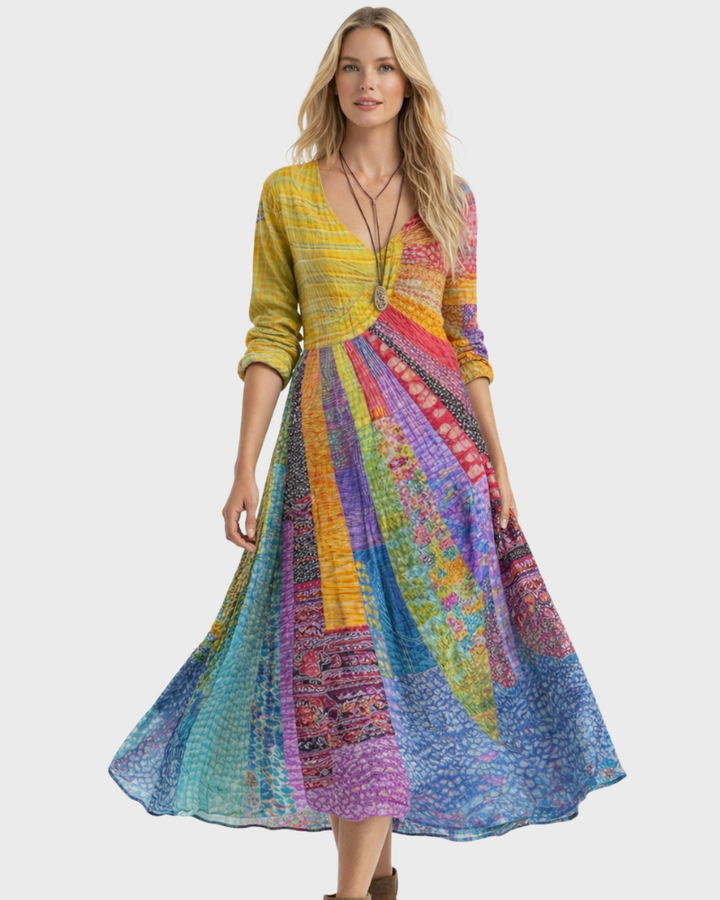 Regina Women's Midi Dress – Boho Style, Cotton Linen & Elegant V-Neck