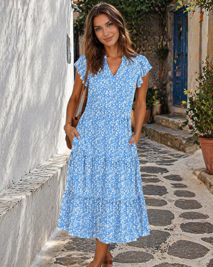 Vestido Midi Quinn para Mujer – Escote en V, Mangas Volante y Vestido Boho con Volantes