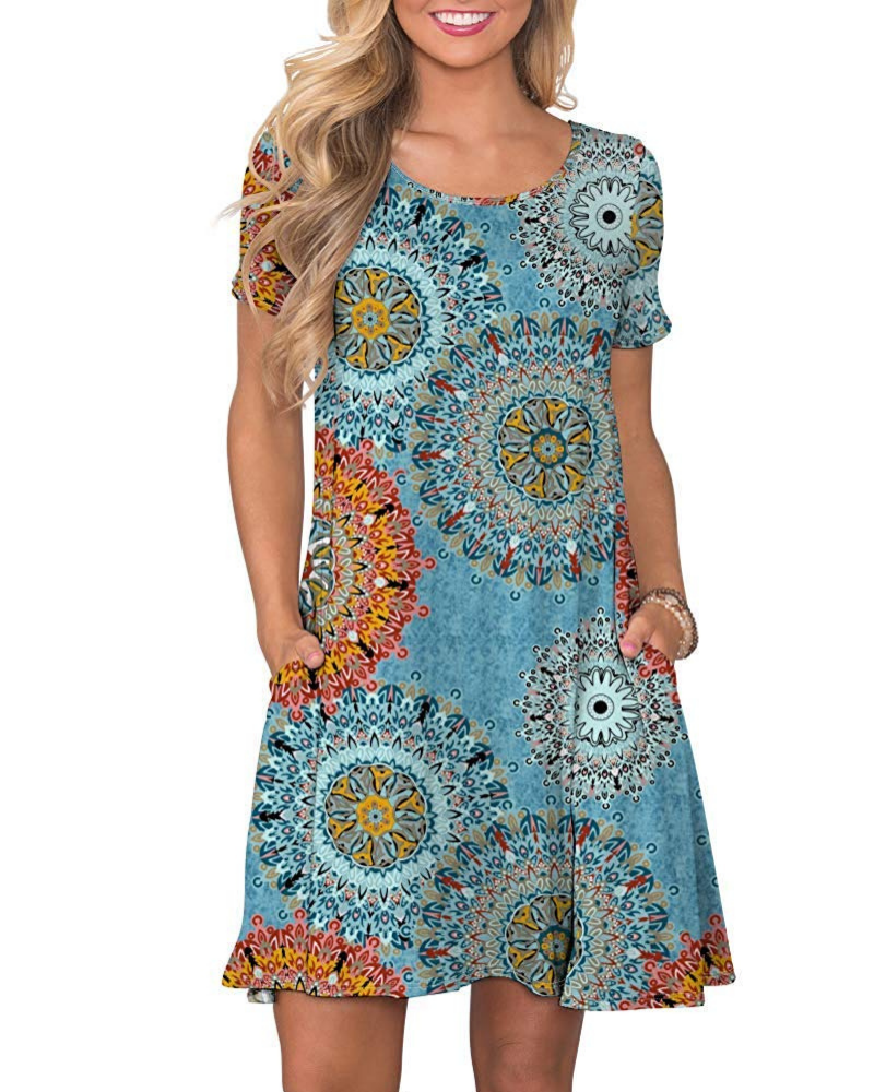 Vestido Mini Cencia para Mujer – Camiseta, Cuello Redondo y Línea A con Bolsillos Casual de Verano