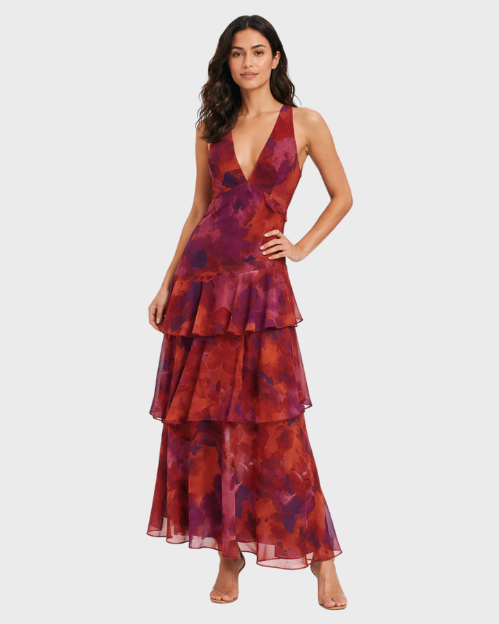 Bella Damenlangkleid Elegant – Fließendes Kleid mit V-Ausschnitt und Stufensaum