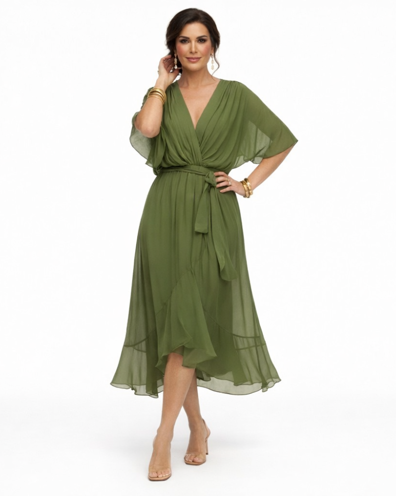 Stella Vestido Midi Elegante para Mujer – Vestido con Escote en V y Cintura Ajustable Fluido