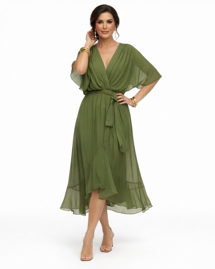 Stella Vestido Midi Elegante para Mujer – Vestido con Escote en V y Cintura Ajustable Fluido
