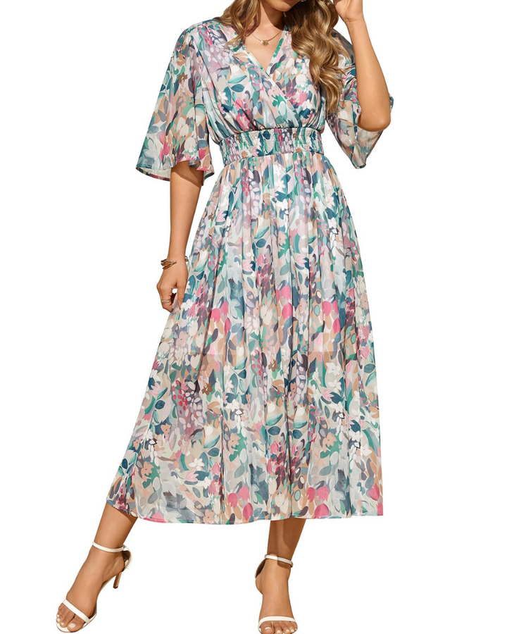 Aurora Rochie Maxi Damă – Boho Floral, Decolteu în V & Talie Elastică Elegantă