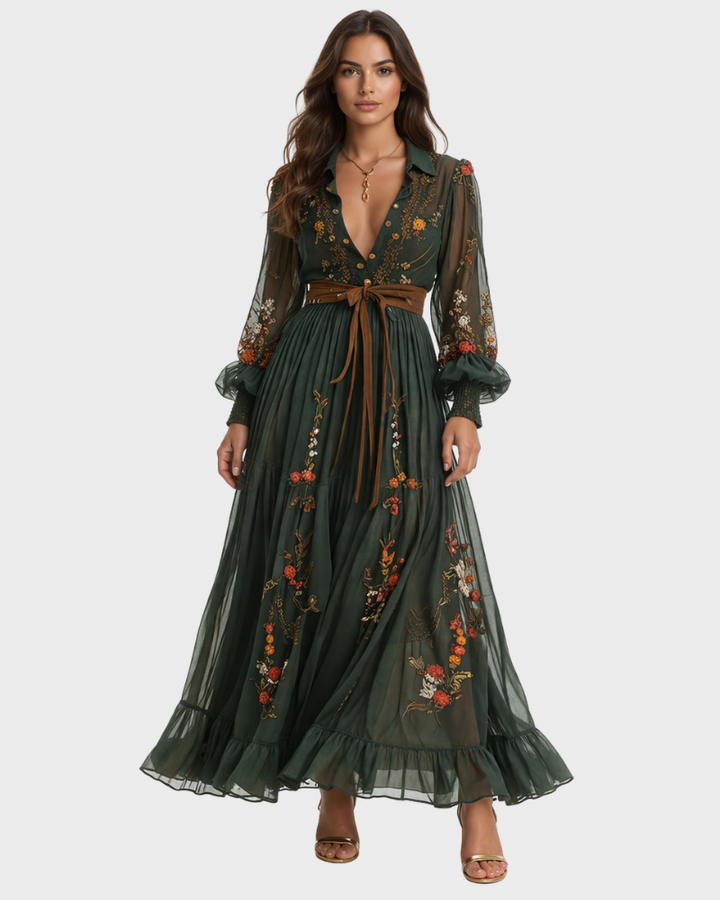 Isabellina Sukienka Damska Maxi Boho Elegancka – Sukienka z Dekoltem w Serek i Zwiewnymi Falbanami