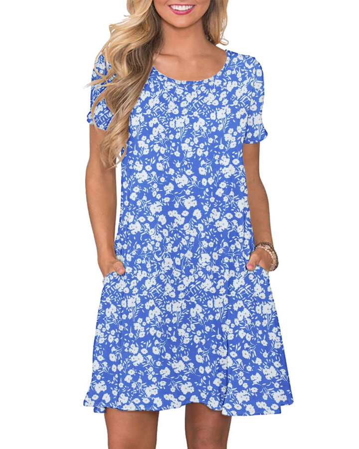Vestido Mini Cencia para Mujer – Camiseta, Cuello Redondo y Línea A con Bolsillos Casual de Verano