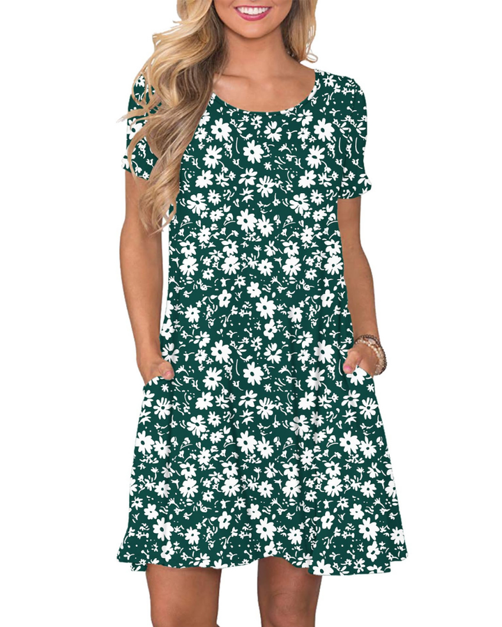 Vestido Mini Cencia para Mujer – Camiseta, Cuello Redondo y Línea A con Bolsillos Casual de Verano