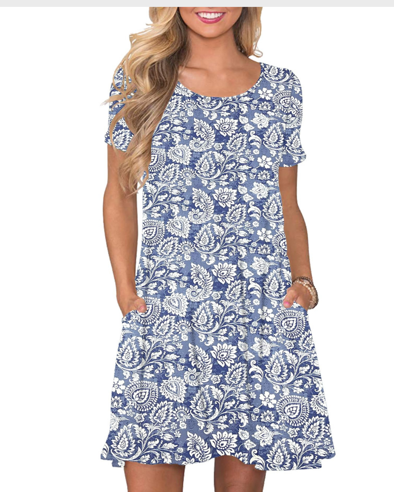 Vestido Mini Cencia para Mujer – Camiseta, Cuello Redondo y Línea A con Bolsillos Casual de Verano