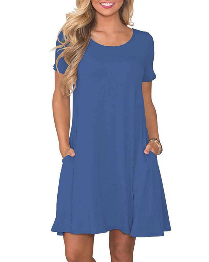 Vestido Mini Cencia para Mujer – Camiseta, Cuello Redondo y Línea A con Bolsillos Casual de Verano