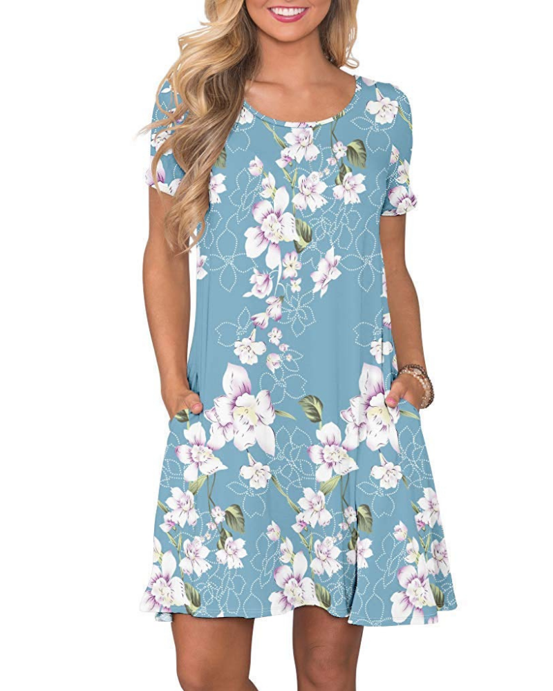 Vestido Mini Cencia para Mujer – Camiseta, Cuello Redondo y Línea A con Bolsillos Casual de Verano