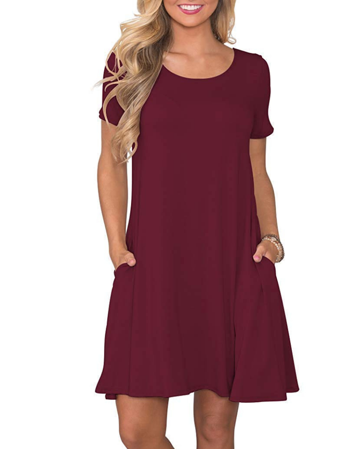 Vestido Mini Cencia para Mujer – Camiseta, Cuello Redondo y Línea A con Bolsillos Casual de Verano