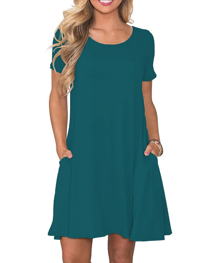 Vestido Mini Cencia para Mujer – Camiseta, Cuello Redondo y Línea A con Bolsillos Casual de Verano