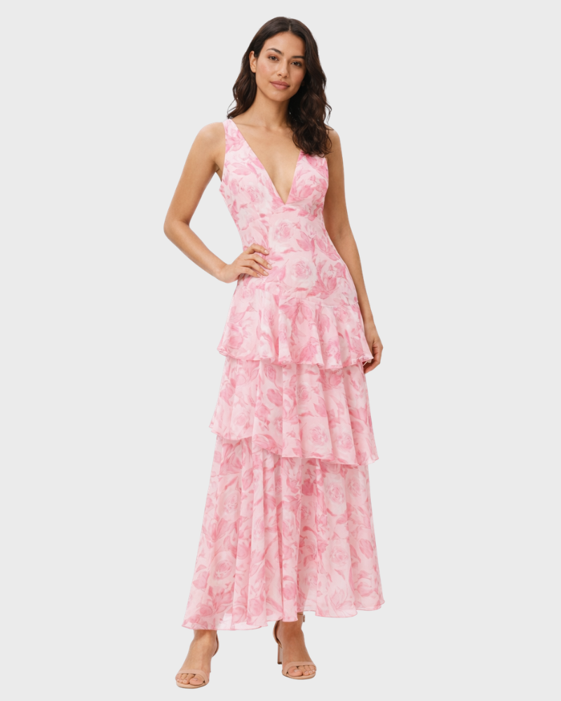 Bella Damenlangkleid Elegant – Fließendes Kleid mit V-Ausschnitt und Stufensaum
