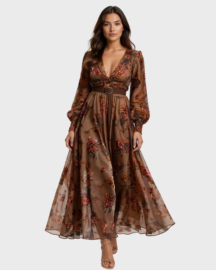 Isabellina Sukienka Damska Maxi Boho Elegancka – Sukienka z Dekoltem w Serek i Zwiewnymi Falbanami
