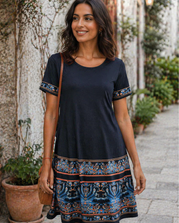 Merena Women's Summer Dress – Floral T-Shirt, Short Sleeves & Casual Dress with Pockets