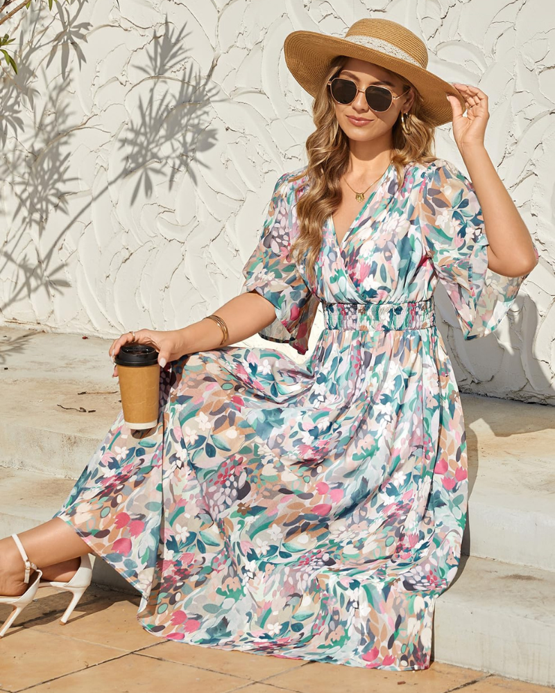 Aurora Rochie Maxi Damă – Boho Floral, Decolteu în V & Talie Elastică Elegantă
