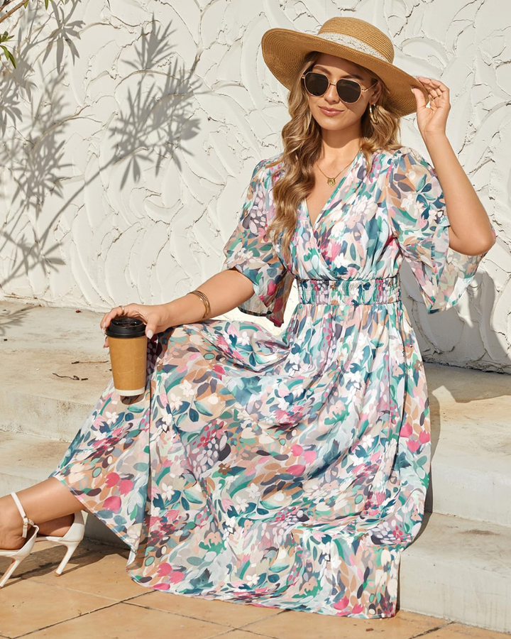 Aurora Rochie Maxi Damă – Boho Floral, Decolteu în V & Talie Elastică Elegantă