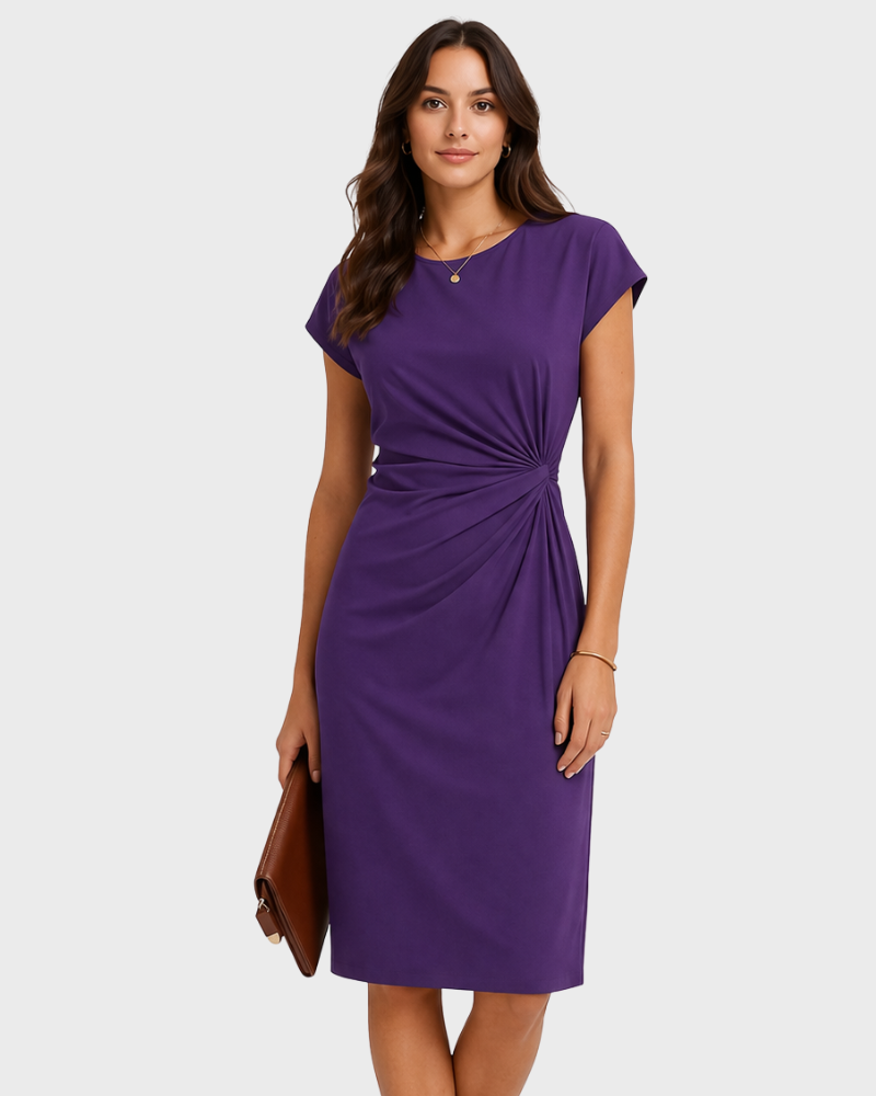 Dana Rochie Damă Elegantă Midi – Rochie cu Guler Rotund, Talie Evidențiată și Drapaj Lateral