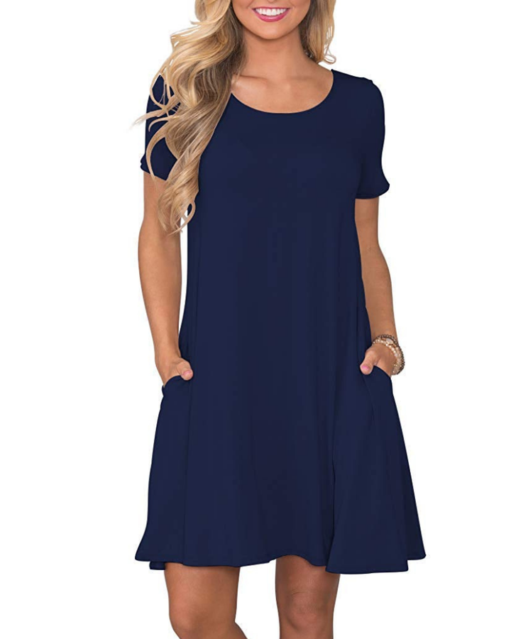 Vestido Mini Cencia para Mujer – Camiseta, Cuello Redondo y Línea A con Bolsillos Casual de Verano
