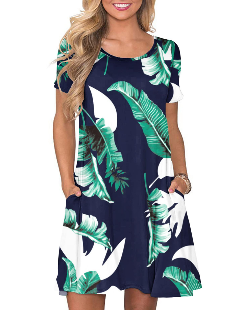 Vestido Mini Cencia para Mujer – Camiseta, Cuello Redondo y Línea A con Bolsillos Casual de Verano