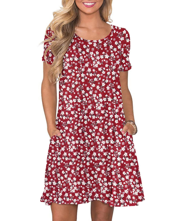 Vestido Mini Cencia para Mujer – Camiseta, Cuello Redondo y Línea A con Bolsillos Casual de Verano