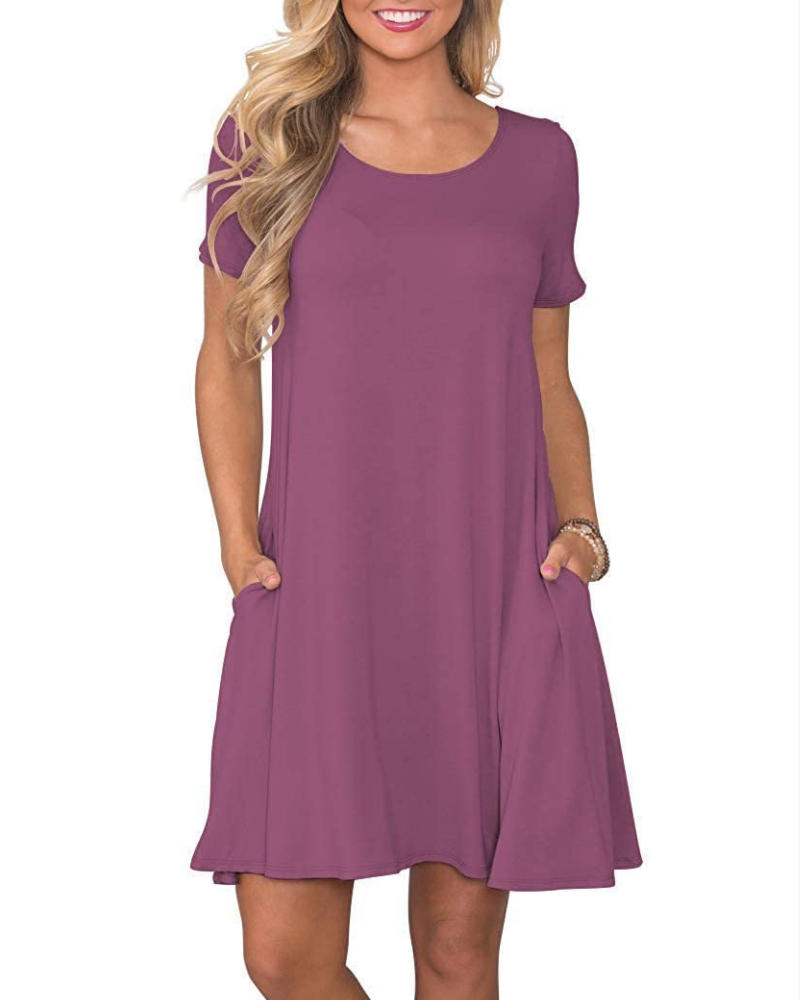 Vestido Mini Cencia para Mujer – Camiseta, Cuello Redondo y Línea A con Bolsillos Casual de Verano