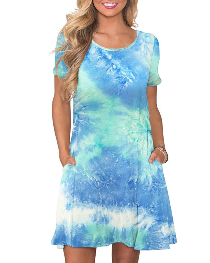 Vestido Mini Cencia para Mujer – Camiseta, Cuello Redondo y Línea A con Bolsillos Casual de Verano